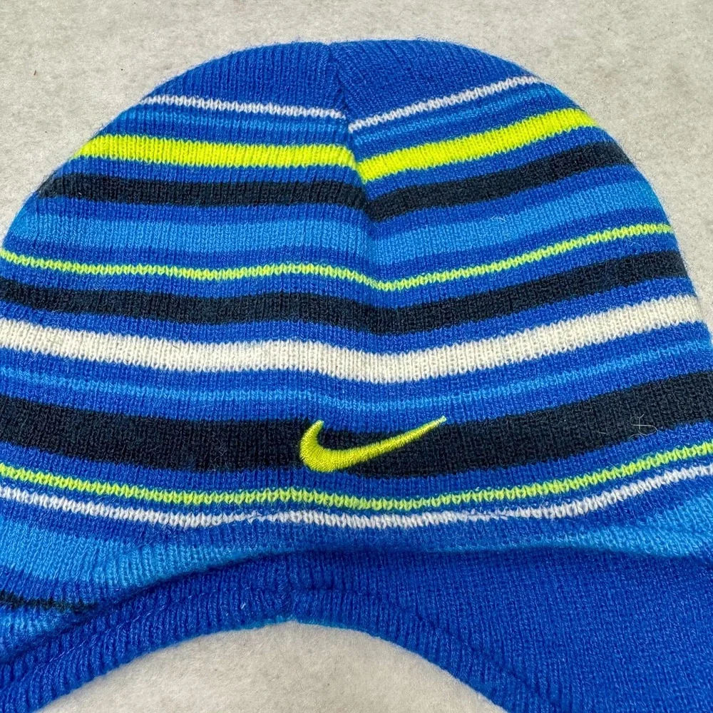 Nike Infant Knit Beanie Blue Stripe‎ Winter Hat Ear Flap Braided Tassel Cap